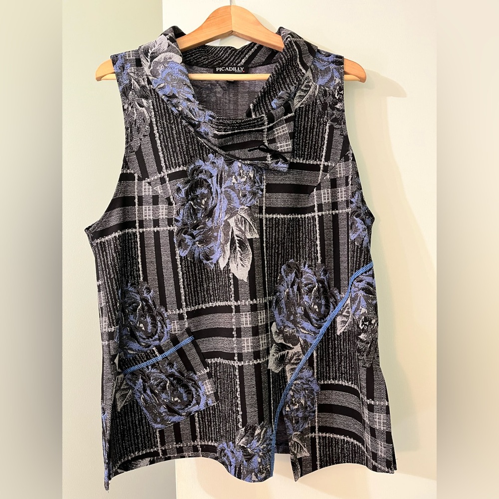 🇨🇦 Picadilly sleeveless multicolour tunic style top rollover collar fits L to XL